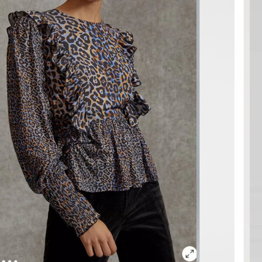 Anthropologie‎ Bl^nk London Moira Ruffled Peplum Leopard Print Top XS